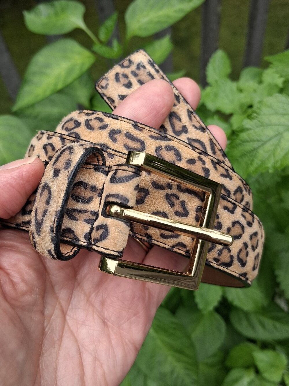 Genuine Suede Leather Leopard Print Belt Gold Buckle Size Small